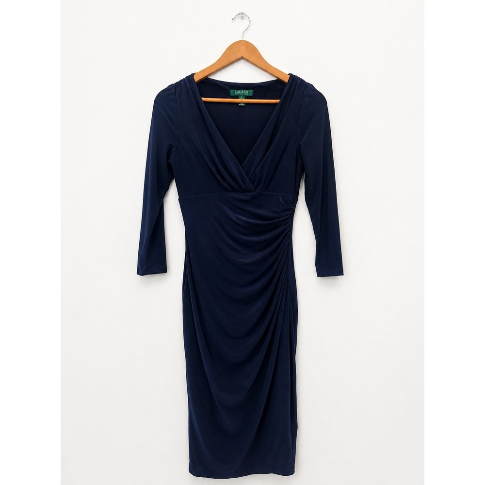 Lauren Ralph Lauren Navy Ruched Faux Wrap Sheath Dress Size 4 Classic Preppy